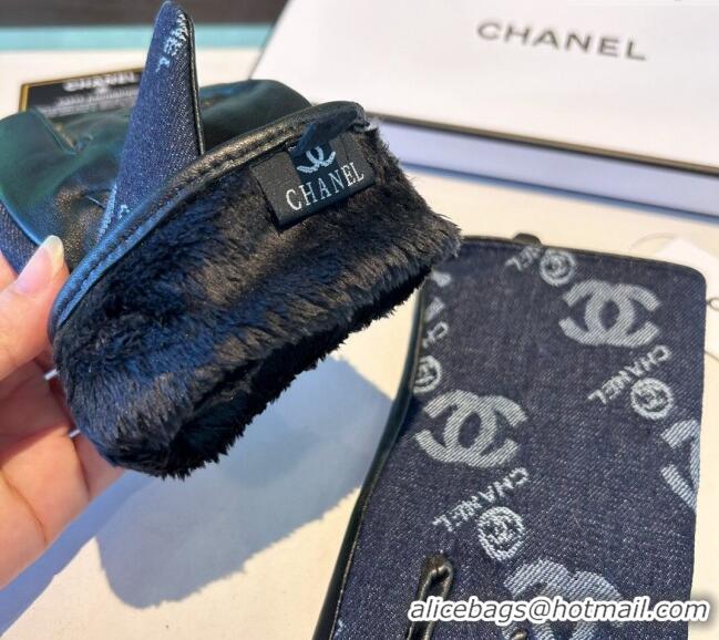 Buy Fashionable Chanel CC Denim and Leather Gloves 1023 Deep Blue 2024