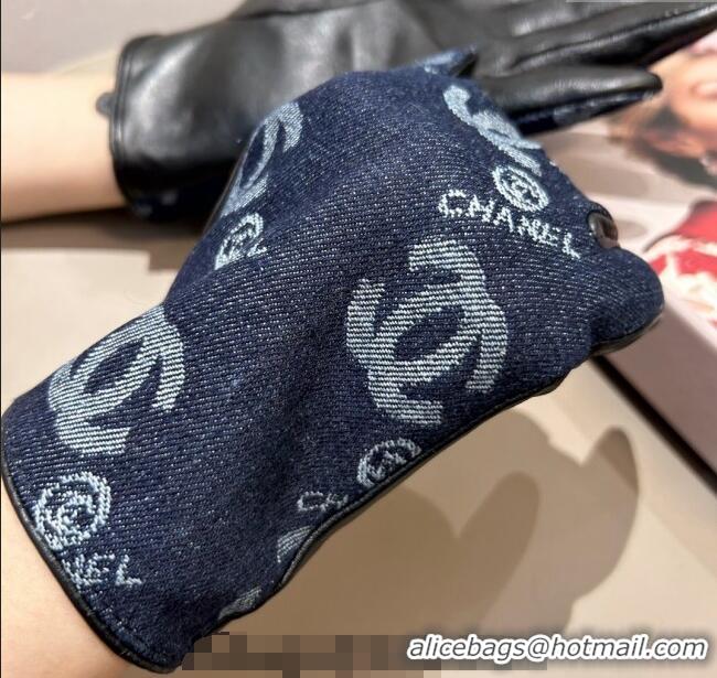 Buy Fashionable Chanel CC Denim and Leather Gloves 1023 Deep Blue 2024
