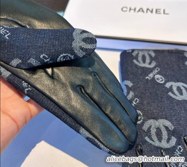 Buy Fashionable Chanel CC Denim and Leather Gloves 1023 Deep Blue 2024