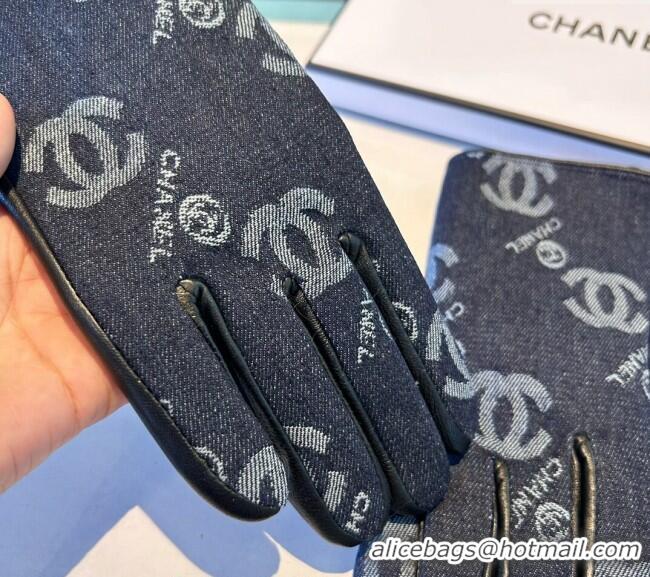 Buy Fashionable Chanel CC Denim and Leather Gloves 1023 Deep Blue 2024