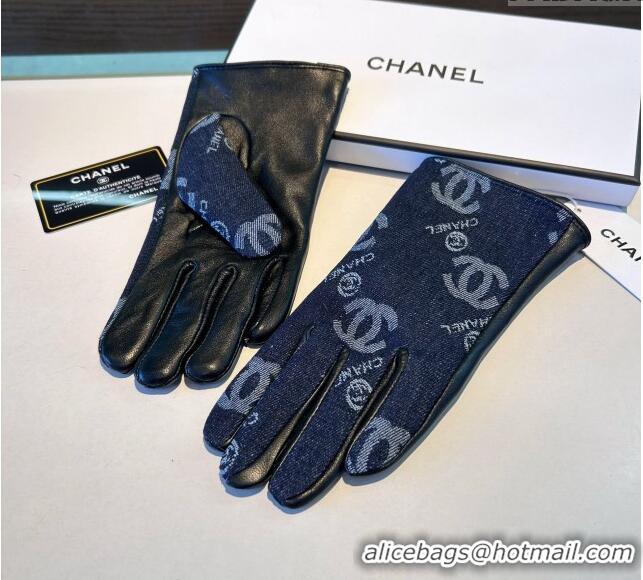 Buy Fashionable Chanel CC Denim and Leather Gloves 1023 Deep Blue 2024