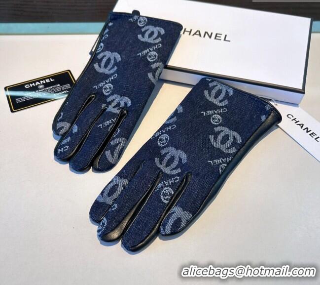 Buy Fashionable Chanel CC Denim and Leather Gloves 1023 Deep Blue 2024