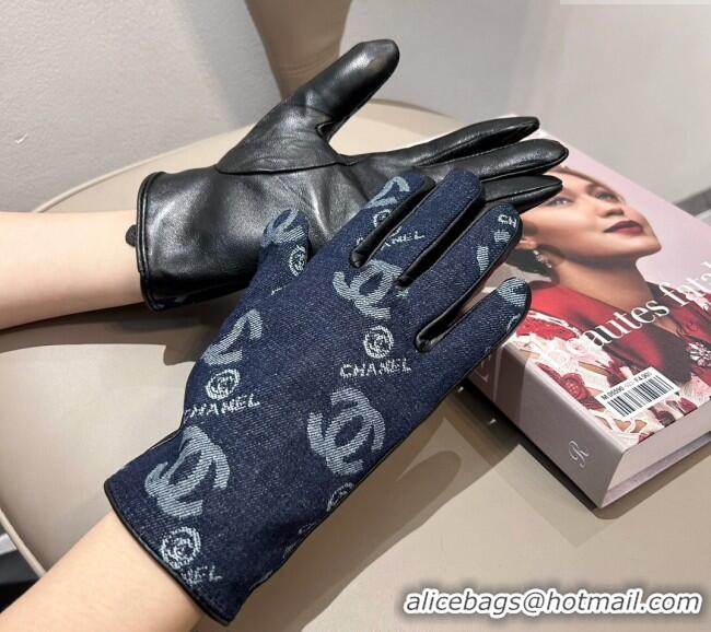 Buy Fashionable Chanel CC Denim and Leather Gloves 1023 Deep Blue 2024