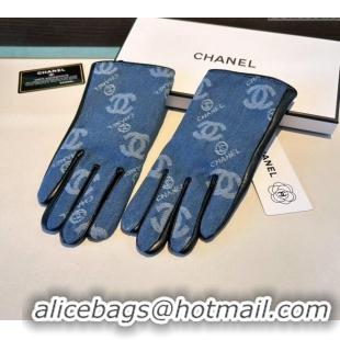 Luxury Cheap Chanel CC Denim and Leather Gloves 1023 Blue 2024
