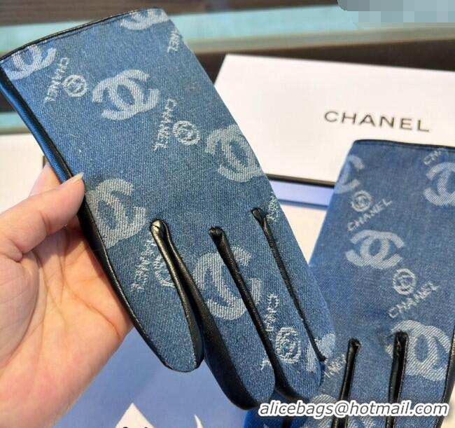 Luxury Cheap Chanel CC Denim and Leather Gloves 1023 Blue 2024