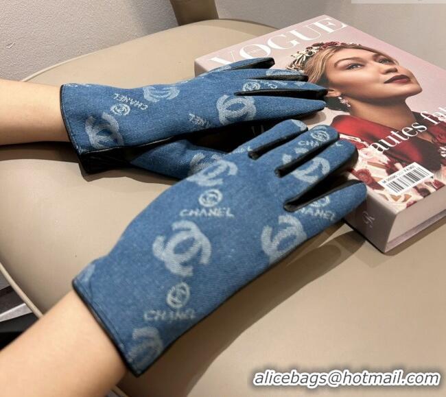 Luxury Cheap Chanel CC Denim and Leather Gloves 1023 Blue 2024