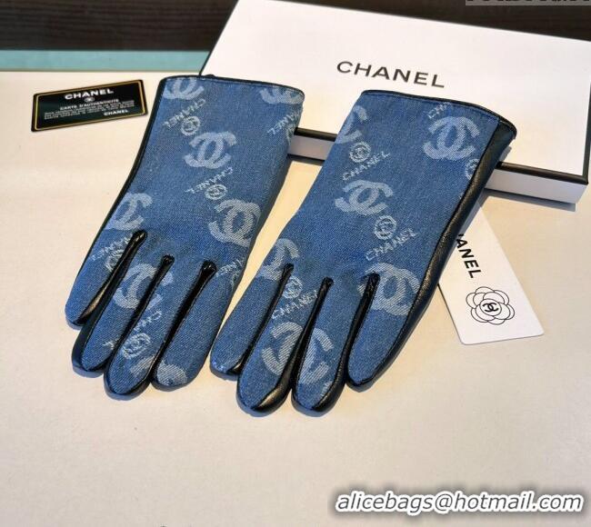 Luxury Cheap Chanel CC Denim and Leather Gloves 1023 Blue 2024