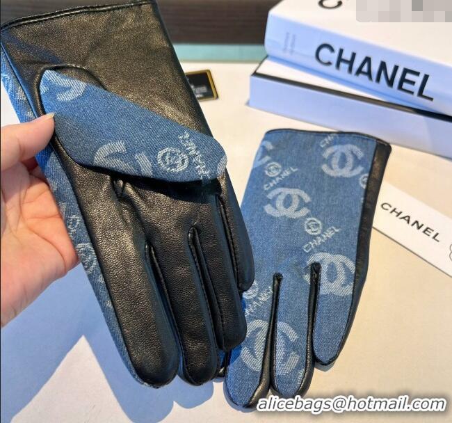 Luxury Cheap Chanel CC Denim and Leather Gloves 1023 Blue 2024