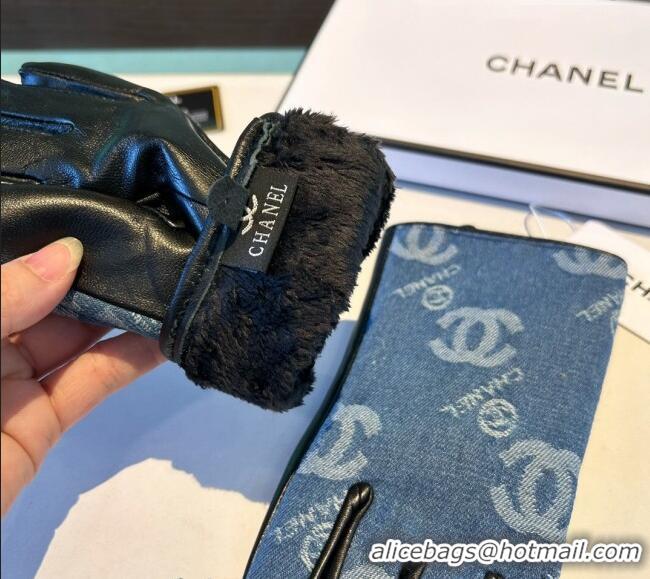 Luxury Cheap Chanel CC Denim and Leather Gloves 1023 Blue 2024