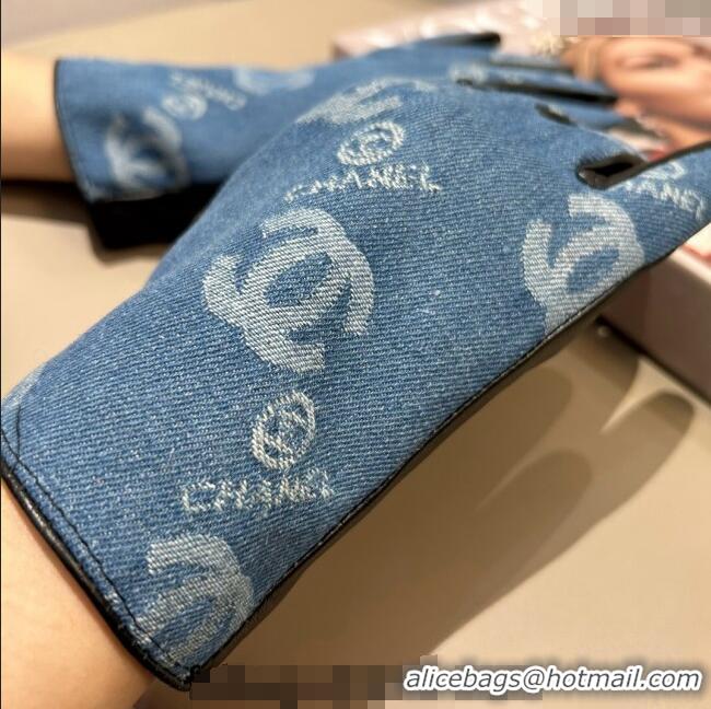 Luxury Cheap Chanel CC Denim and Leather Gloves 1023 Blue 2024