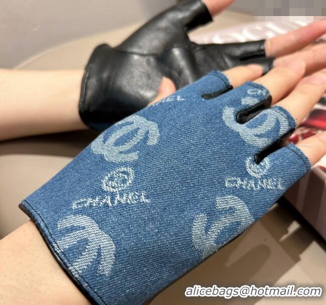 Best Price Chanel Denim and Leather Short Gloves 1023 Blue 2024