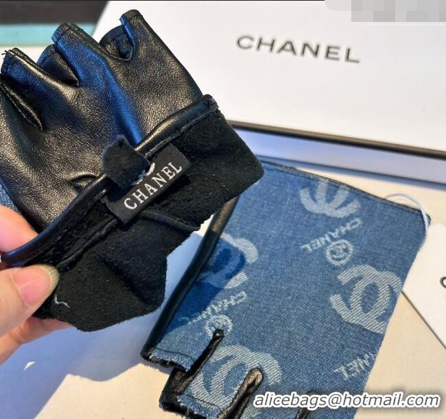 Best Price Chanel Denim and Leather Short Gloves 1023 Blue 2024