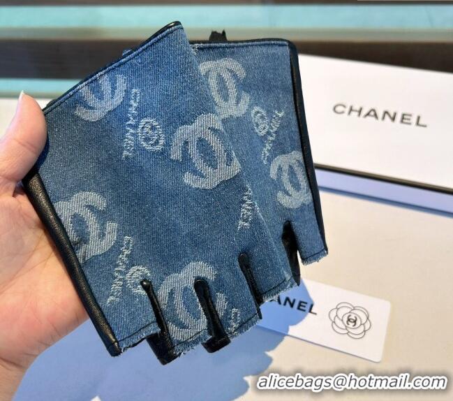 Best Price Chanel Denim and Leather Short Gloves 1023 Blue 2024