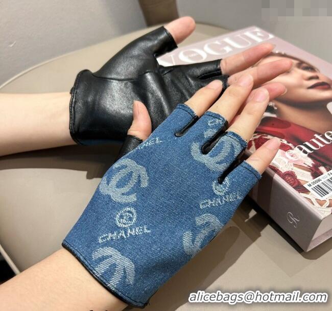Best Price Chanel Denim and Leather Short Gloves 1023 Blue 2024