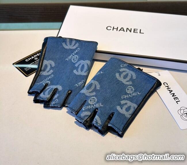 Best Price Chanel Denim and Leather Short Gloves 1023 Blue 2024