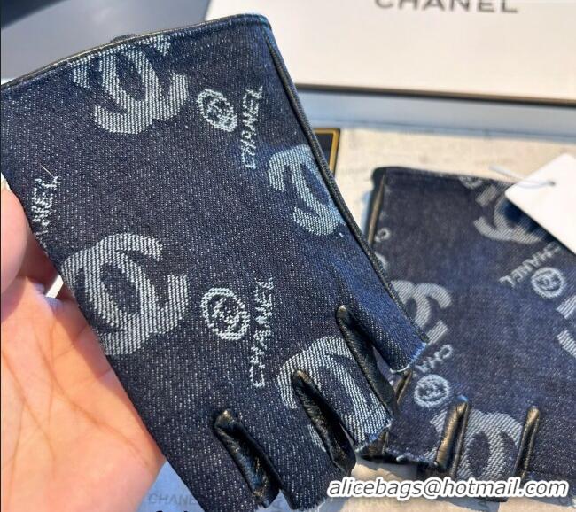 Buy New Cheap Chanel Denim and Leather Short Gloves 1023 Deep Blue 2024