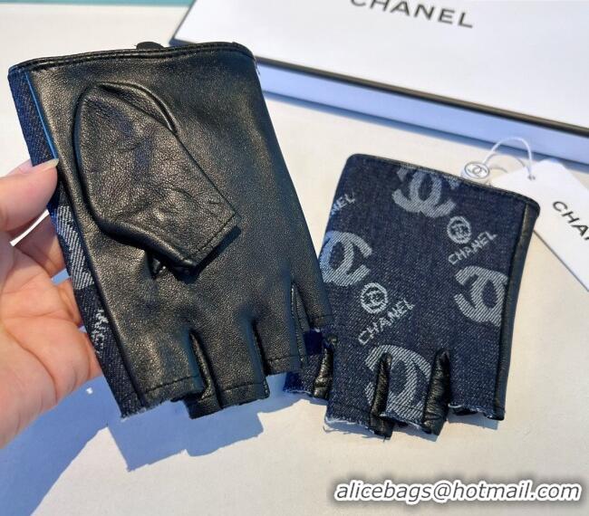 Buy New Cheap Chanel Denim and Leather Short Gloves 1023 Deep Blue 2024