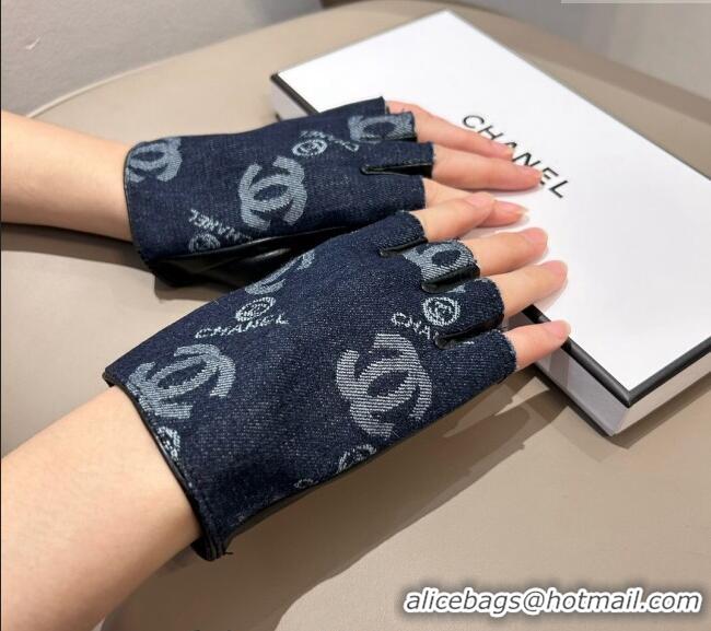 Buy New Cheap Chanel Denim and Leather Short Gloves 1023 Deep Blue 2024