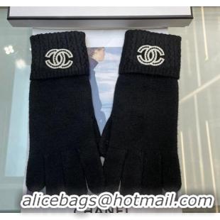 Luxury Discount Chanel Cashmere Knit Gloves with Strass CC 1023 Black 2024