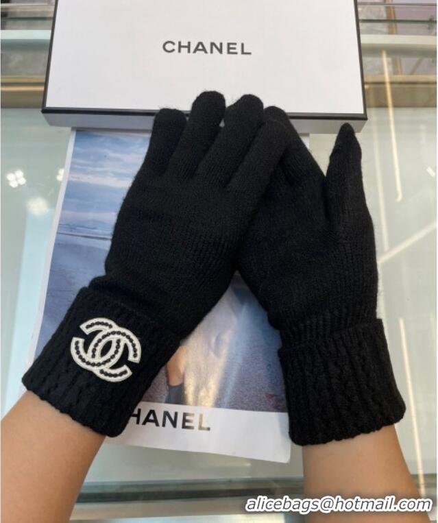 Luxury Discount Chanel Cashmere Knit Gloves with Strass CC 1023 Black 2024