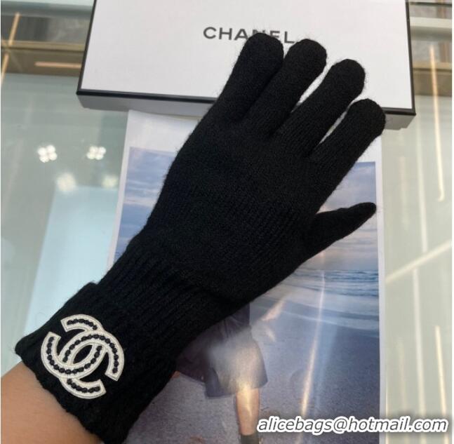 Luxury Discount Chanel Cashmere Knit Gloves with Strass CC 1023 Black 2024