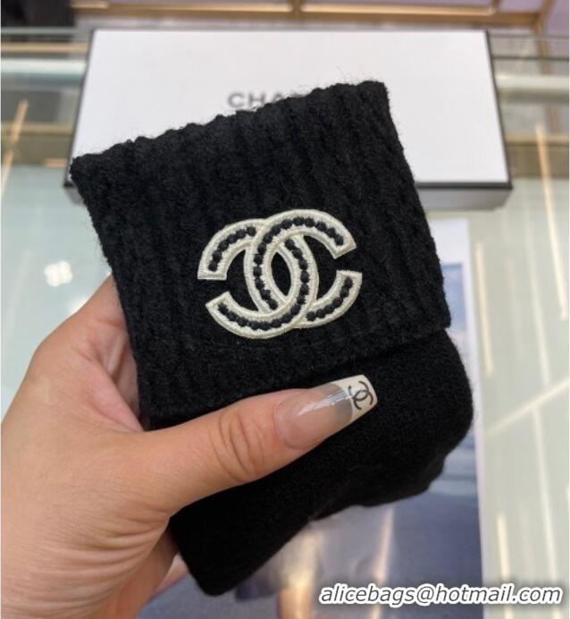 Luxury Discount Chanel Cashmere Knit Gloves with Strass CC 1023 Black 2024