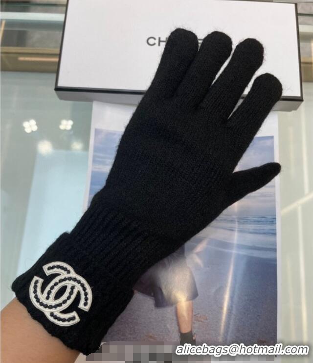 Luxury Discount Chanel Cashmere Knit Gloves with Strass CC 1023 Black 2024