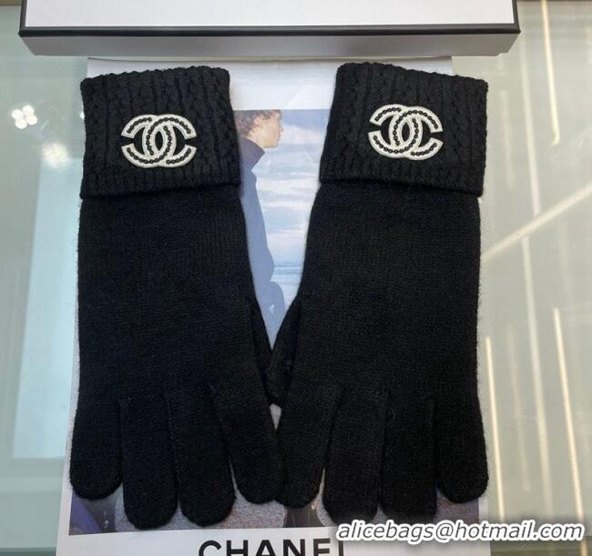 Luxury Discount Chanel Cashmere Knit Gloves with Strass CC 1023 Black 2024
