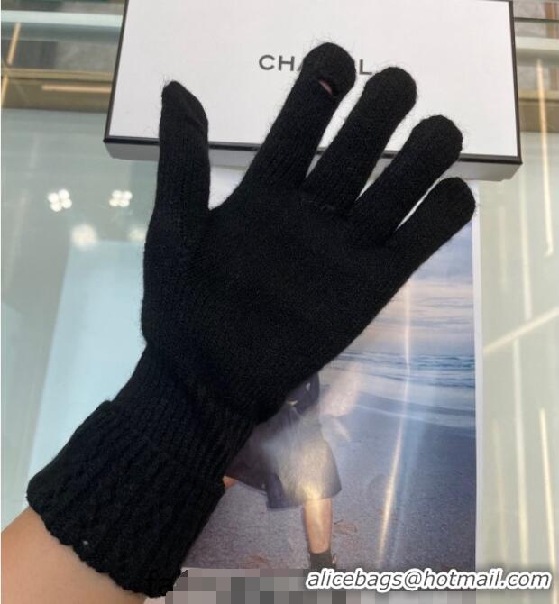 Luxury Discount Chanel Cashmere Knit Gloves with Strass CC 1023 Black 2024