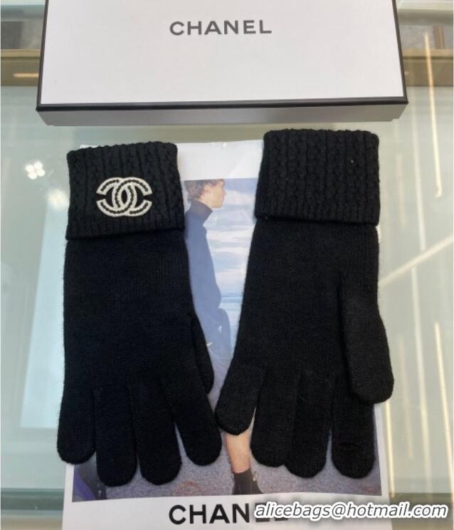 Luxury Discount Chanel Cashmere Knit Gloves with Strass CC 1023 Black 2024