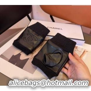 Top Grade Chanel Lambskin and Knit Short Gloves 1023 Black 2024