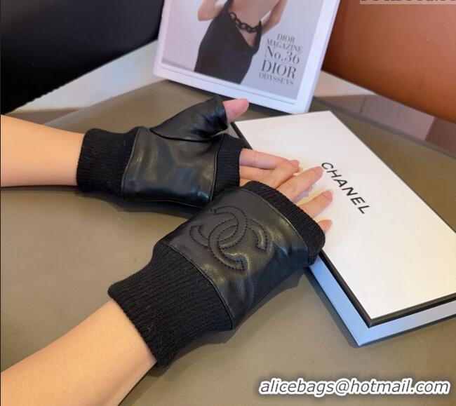 Top Grade Chanel Lambskin and Knit Short Gloves 1023 Black 2024