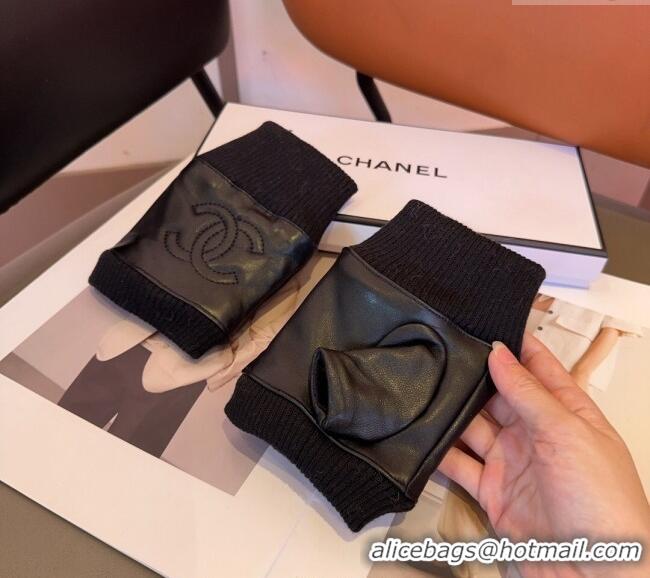 Top Grade Chanel Lambskin and Knit Short Gloves 1023 Black 2024