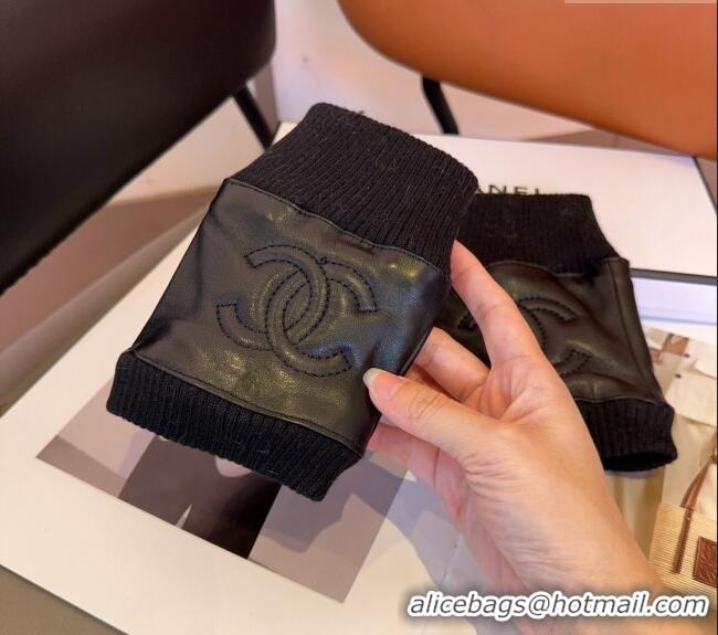 Top Grade Chanel Lambskin and Knit Short Gloves 1023 Black 2024