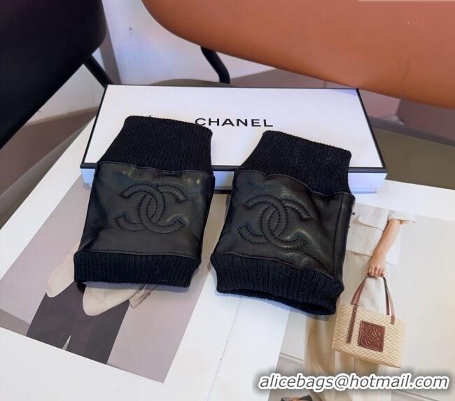Top Grade Chanel Lambskin and Knit Short Gloves 1023 Black 2024