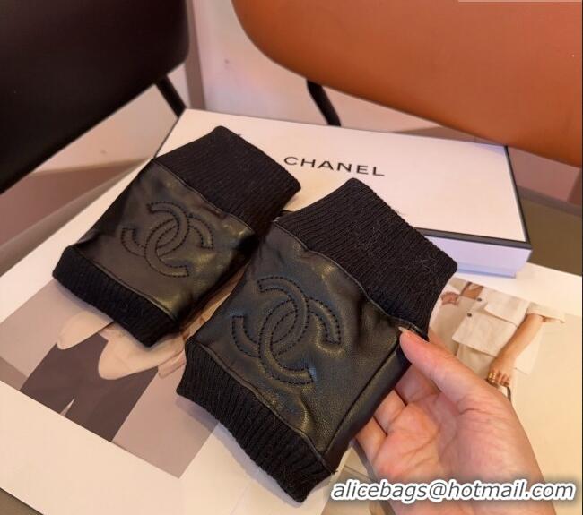 Top Grade Chanel Lambskin and Knit Short Gloves 1023 Black 2024