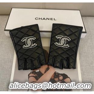 Luxury Discount Chanel Lambskin Short Gloves with Strass CC L 3139 Black 2024