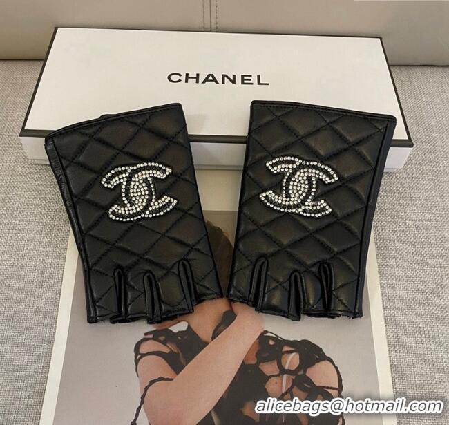Luxury Discount Chanel Lambskin Short Gloves with Strass CC L 3139 Black 2024