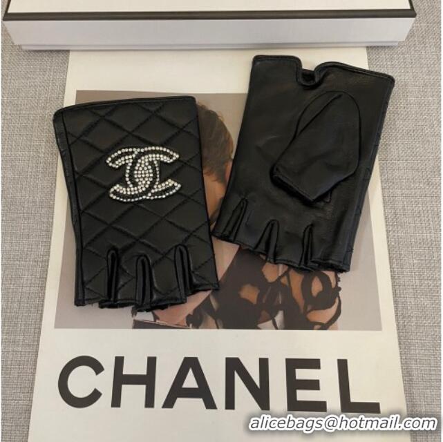 Luxury Discount Chanel Lambskin Short Gloves with Strass CC L 3139 Black 2024