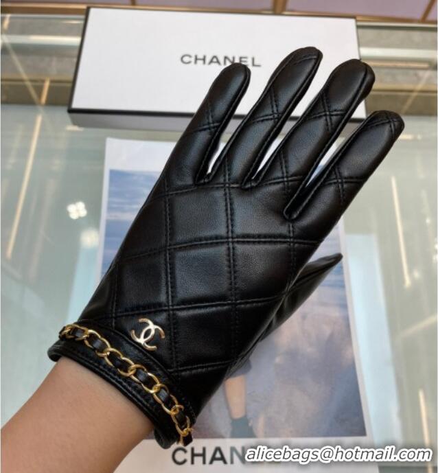 Grade Quality Chanel Quilted Lambskin Gloves with Chain 1022 Black 2024
