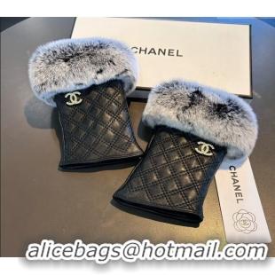 Grade Quality Chanel Lambskin and Rabbit Fur Short Gloves 1022 Black 2024
