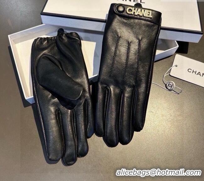 Good Quality Chanel Lambskin and Cashmere Gloves with Logo Strap 1022 Black 2024