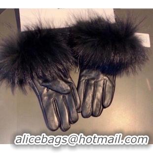 Spot Bulk Chanel Rabbit Fur and Black Lambskin Gloves with Fox Fur Charm 1129 Blue 2024