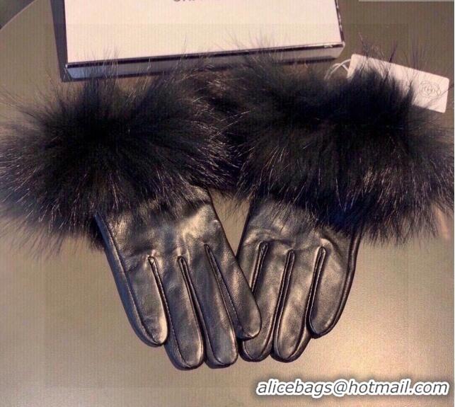 Spot Bulk Chanel Rabbit Fur and Black Lambskin Gloves with Fox Fur Charm 1129 Blue 2024