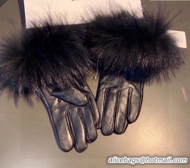 Spot Bulk Chanel Rabbit Fur and Black Lambskin Gloves with Fox Fur Charm 1129 Blue 2024