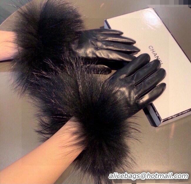 Spot Bulk Chanel Rabbit Fur and Black Lambskin Gloves with Fox Fur Charm 1129 Blue 2024