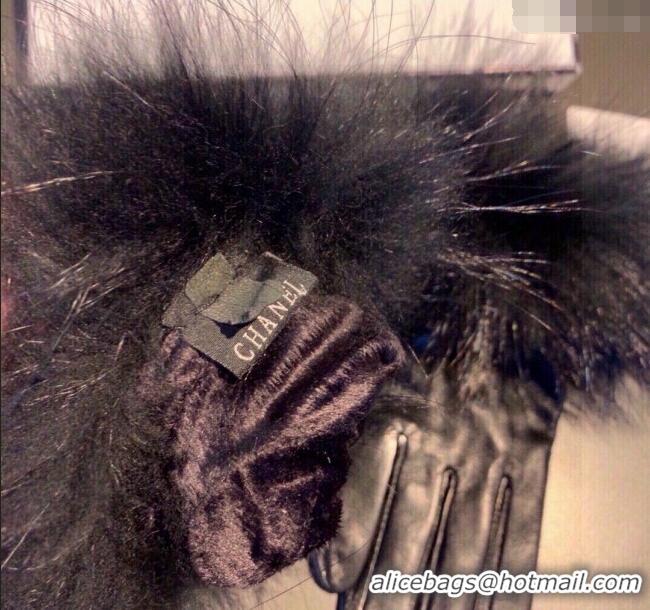 Spot Bulk Chanel Rabbit Fur and Black Lambskin Gloves with Fox Fur Charm 1129 Blue 2024