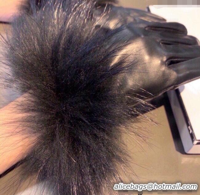 Spot Bulk Chanel Rabbit Fur and Black Lambskin Gloves with Fox Fur Charm 1129 Blue 2024