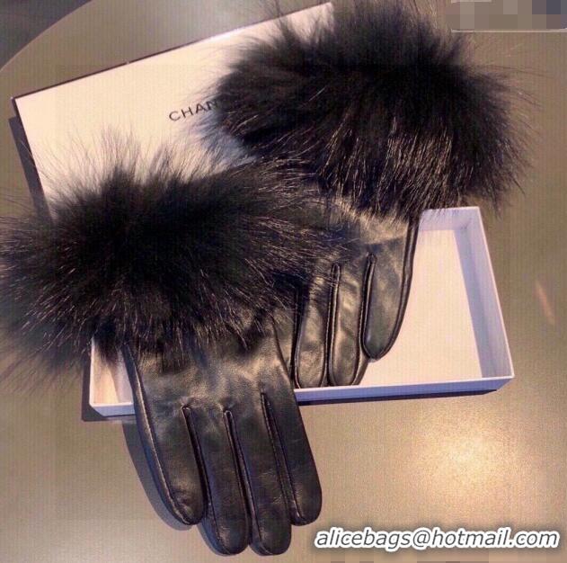 Spot Bulk Chanel Rabbit Fur and Black Lambskin Gloves with Fox Fur Charm 1129 Blue 2024