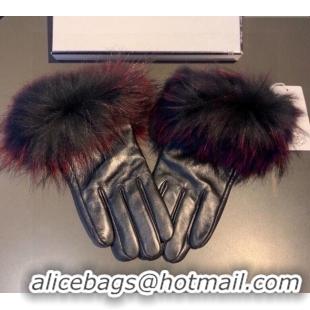 Buy Classic Chanel Rabbit Fur and Black Lambskin Gloves with Fox Fur Charm 1129 Red 2024